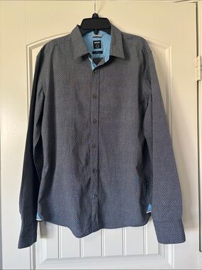 BOSS Men's Grey Micro-Pattern Button Down Shirt with Light Blue Trim